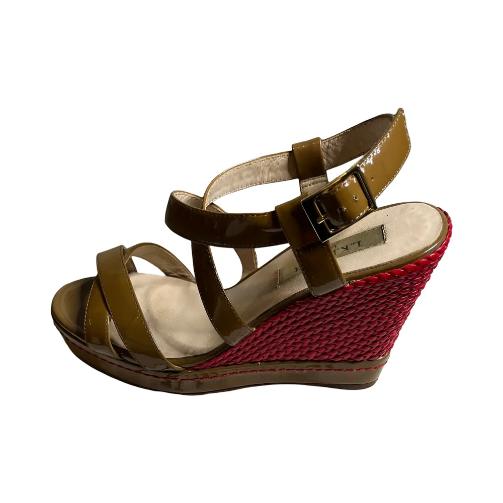 L.K‎ Bennett Patent Leather Red and Brown Wedge Sandals Size: 37